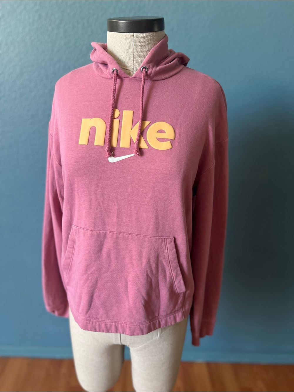 Nike Women's Dusty Pink Hoodie with Yellow Logo